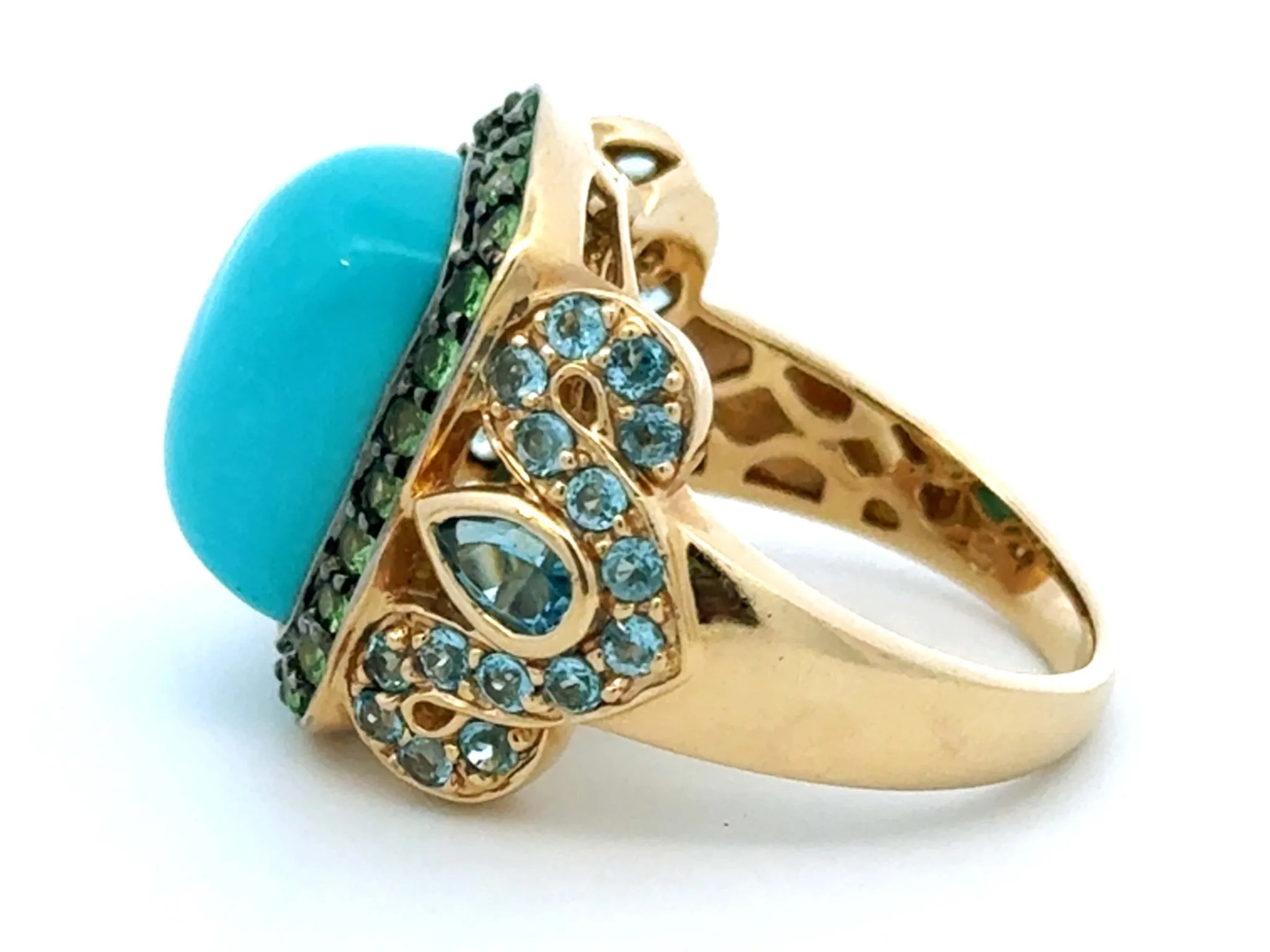 Cushion Cabochon Turquoise Peridot and Blue Topaz Ring 14k Yellow Gold