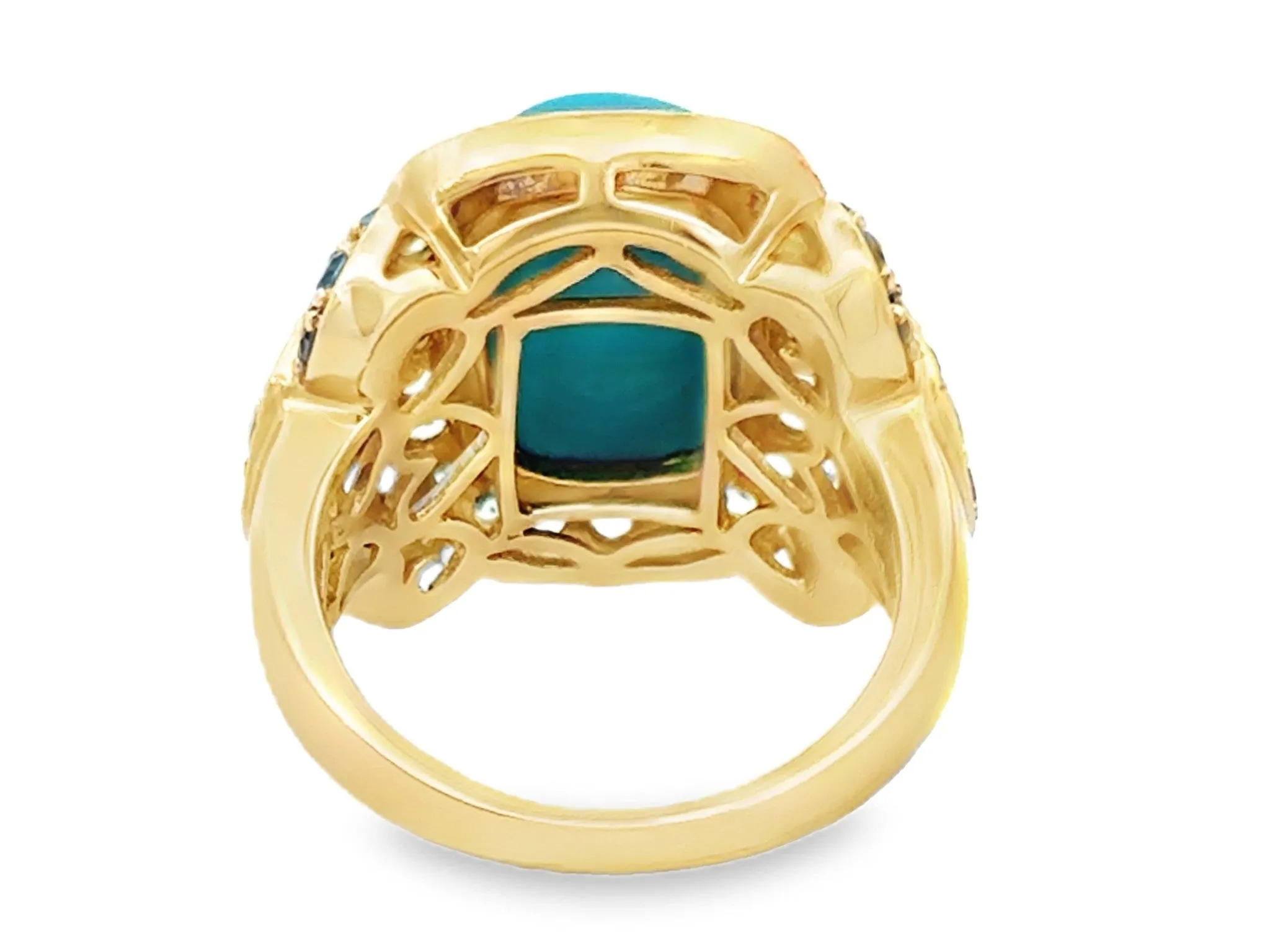Cushion Cabochon Turquoise Peridot and Blue Topaz Ring 14k Yellow Gold
