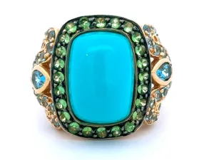 Cushion Cabochon Turquoise Peridot and Blue Topaz Ring 14k Yellow Gold
