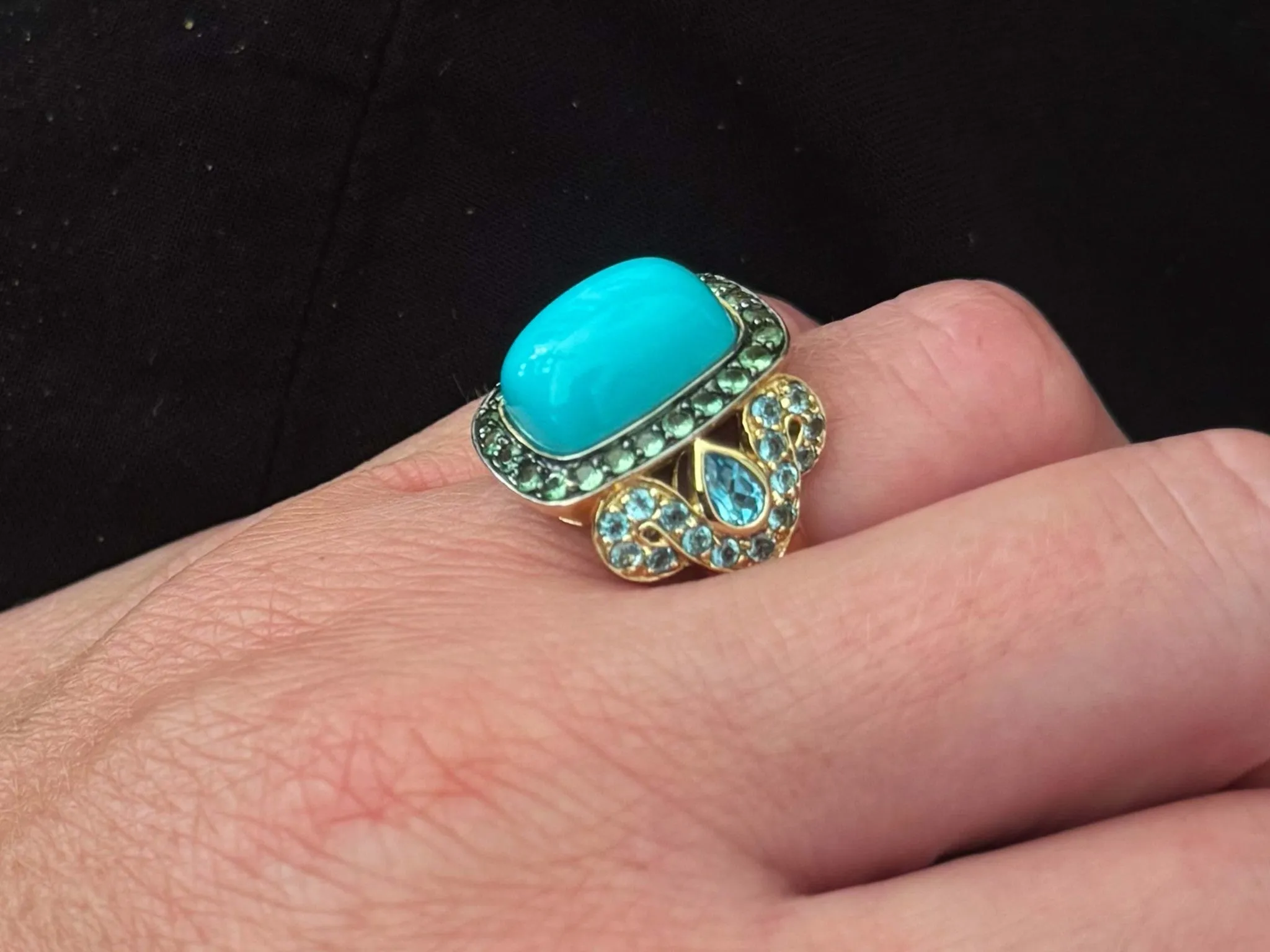 Cushion Cabochon Turquoise Peridot and Blue Topaz Ring 14k Yellow Gold