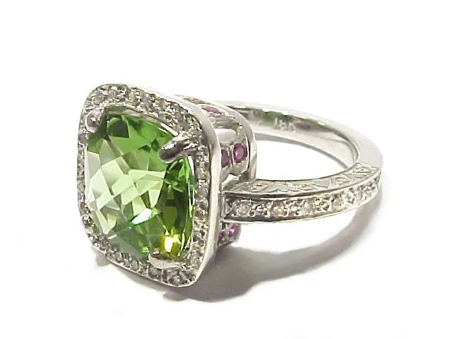 Cushion-Shaped Peridot Pav Diamond   Pink Sapphire Ring