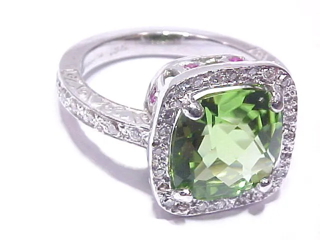 Cushion-Shaped Peridot Pav Diamond   Pink Sapphire Ring