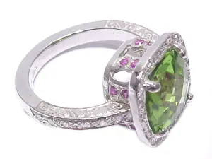 Cushion-Shaped Peridot Pav Diamond   Pink Sapphire Ring
