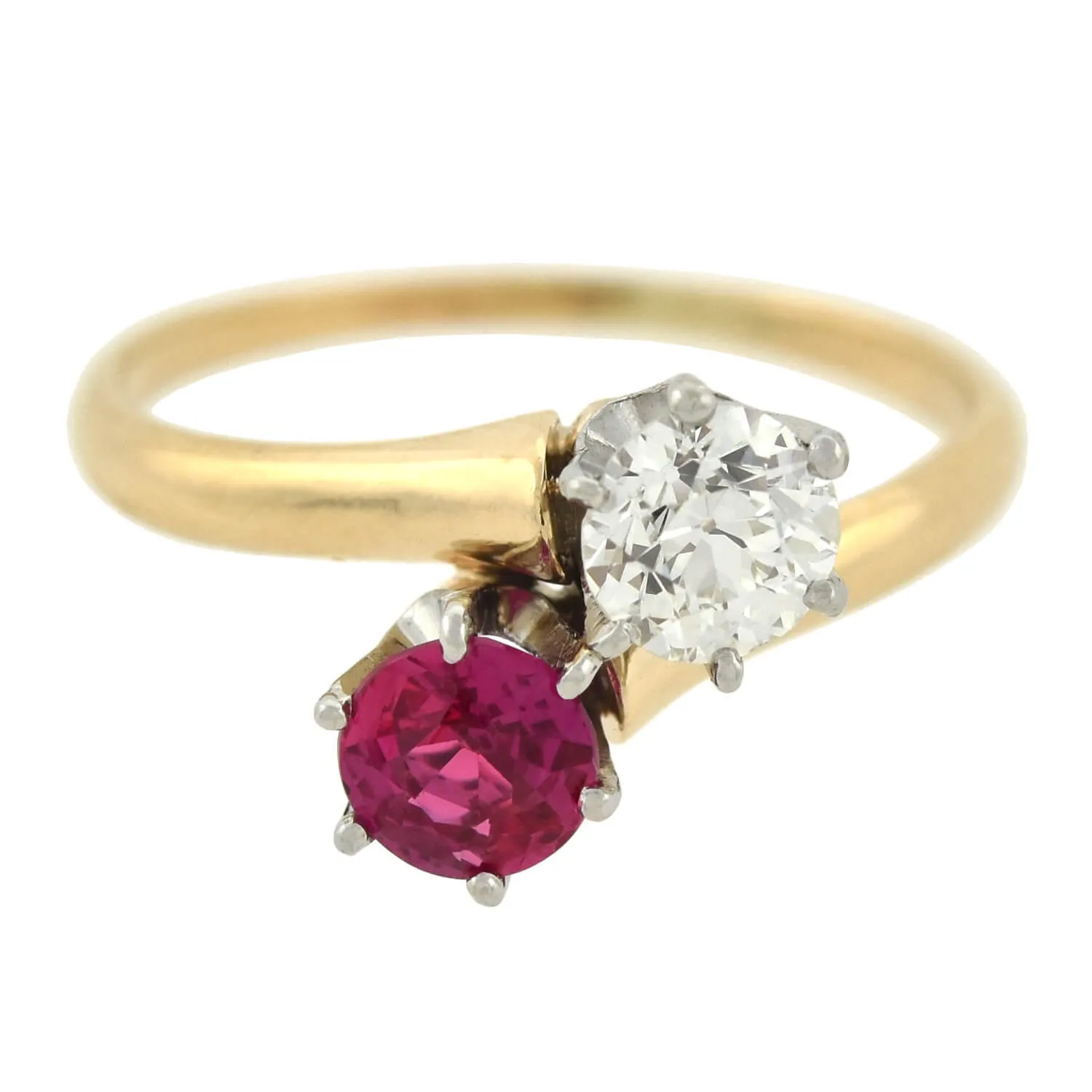 Edwardian 14kt/Platinum "Moi et Toi" Diamond   Ruby Sapphire Bypass Ring