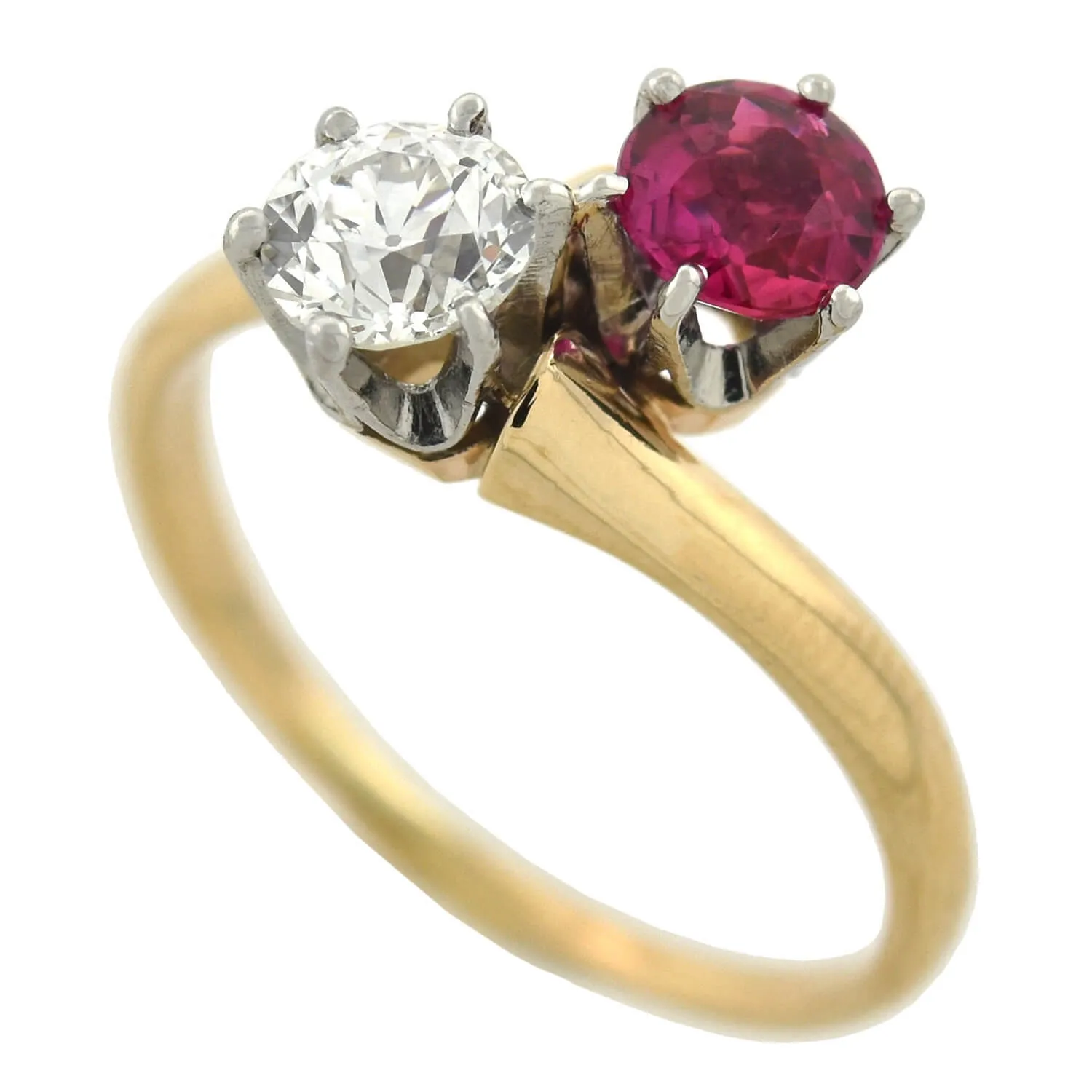 Edwardian 14kt/Platinum "Moi et Toi" Diamond   Ruby Sapphire Bypass Ring