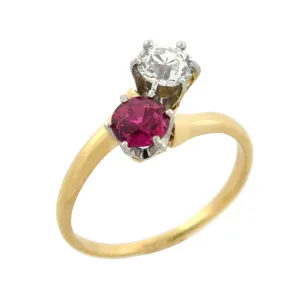 Edwardian 14kt/Platinum "Moi et Toi" Diamond   Ruby Sapphire Bypass Ring