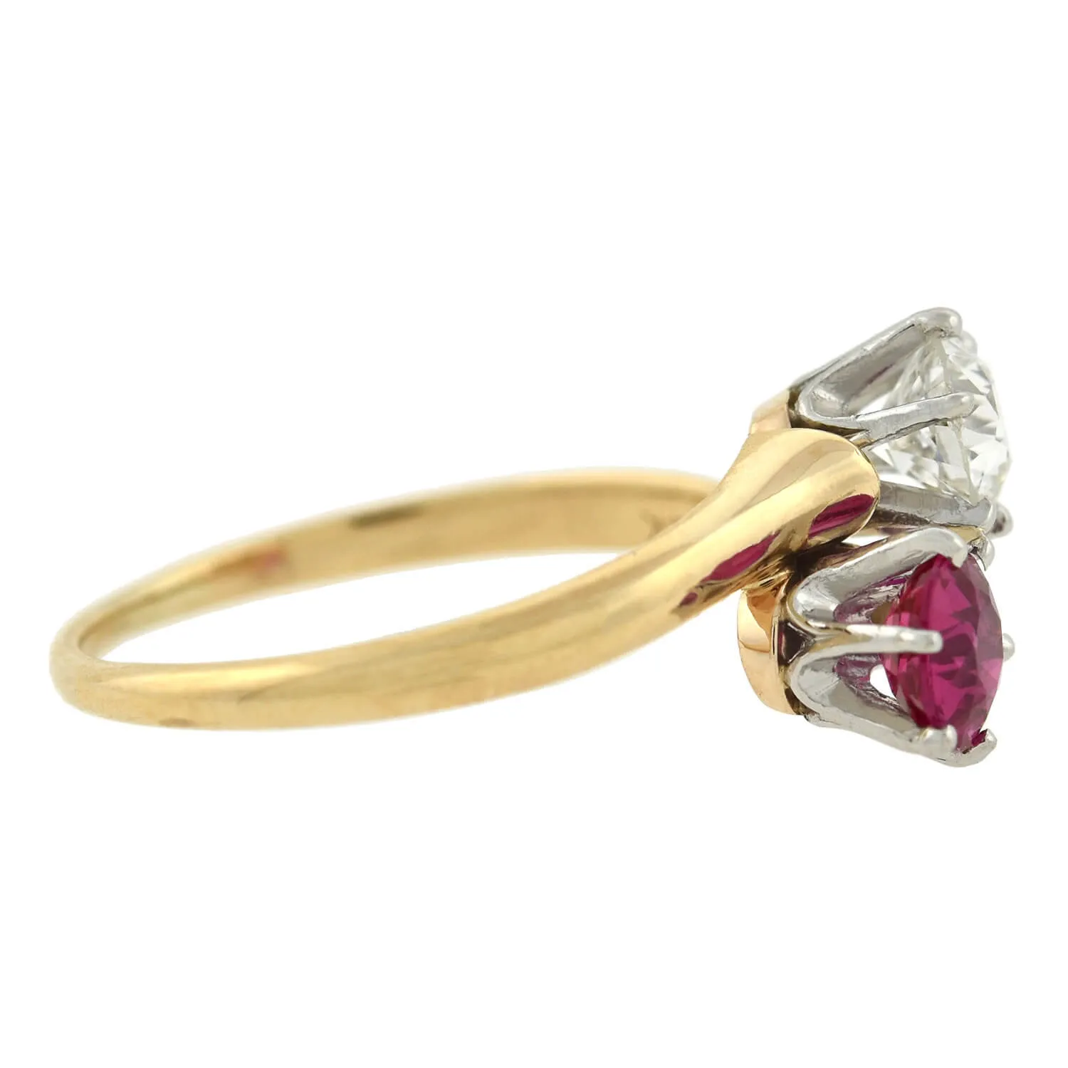 Edwardian 14kt/Platinum "Moi et Toi" Diamond   Ruby Sapphire Bypass Ring