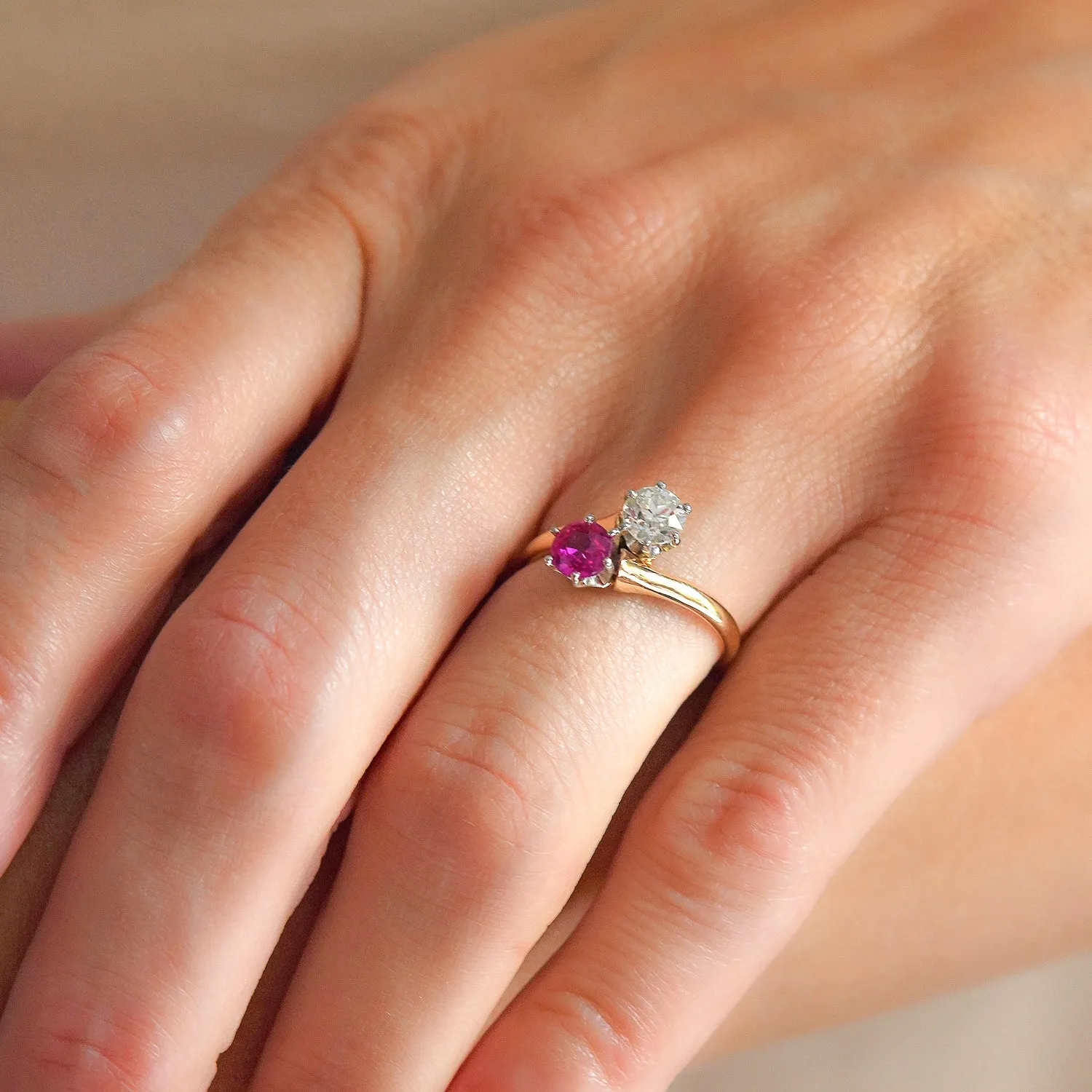 Edwardian 14kt/Platinum "Moi et Toi" Diamond   Ruby Sapphire Bypass Ring