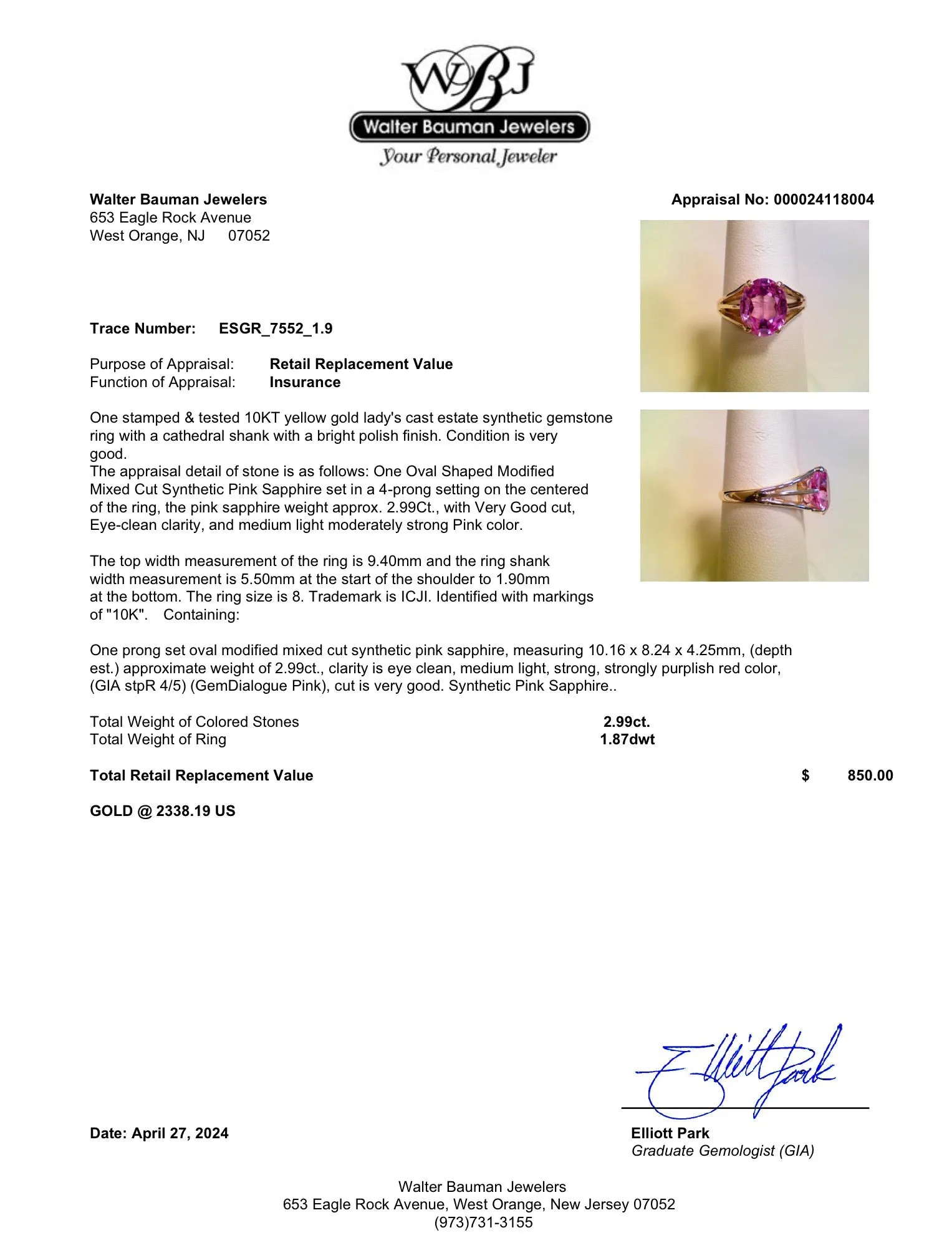 Estate 10K Y Gold 2.99ct Lab-Created Pink Sapphire Ring