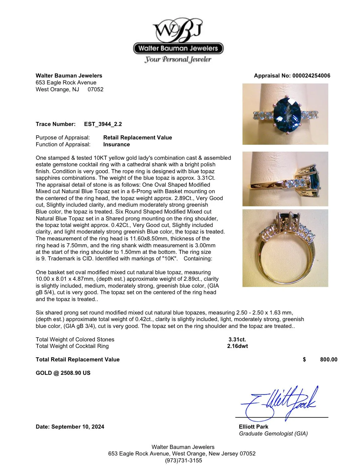 Estate 10K Y Gold 3.31ctw Blue Topaz Ring