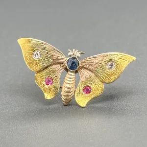 Estate 13K Tri-Color Gold 0.06cttw Ruby. 0.09ct Sapphire. 0.06cttw H-I/SI1 Diamond Butterfly Pin