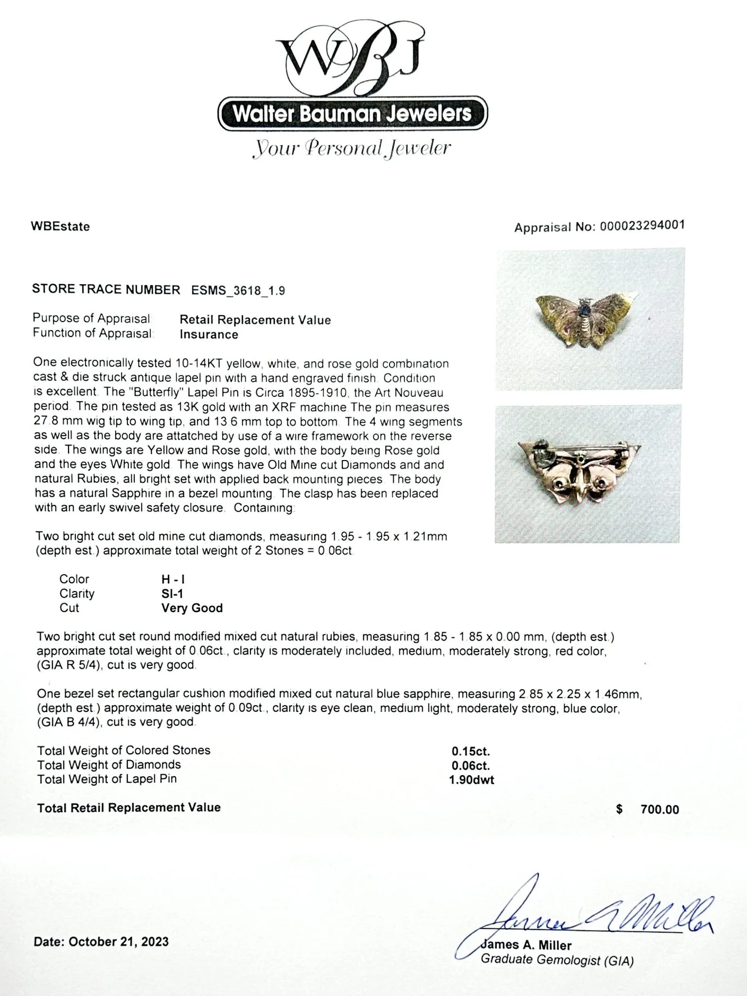 Estate 13K Tri-Color Gold 0.06cttw Ruby. 0.09ct Sapphire. 0.06cttw H-I/SI1 Diamond Butterfly Pin