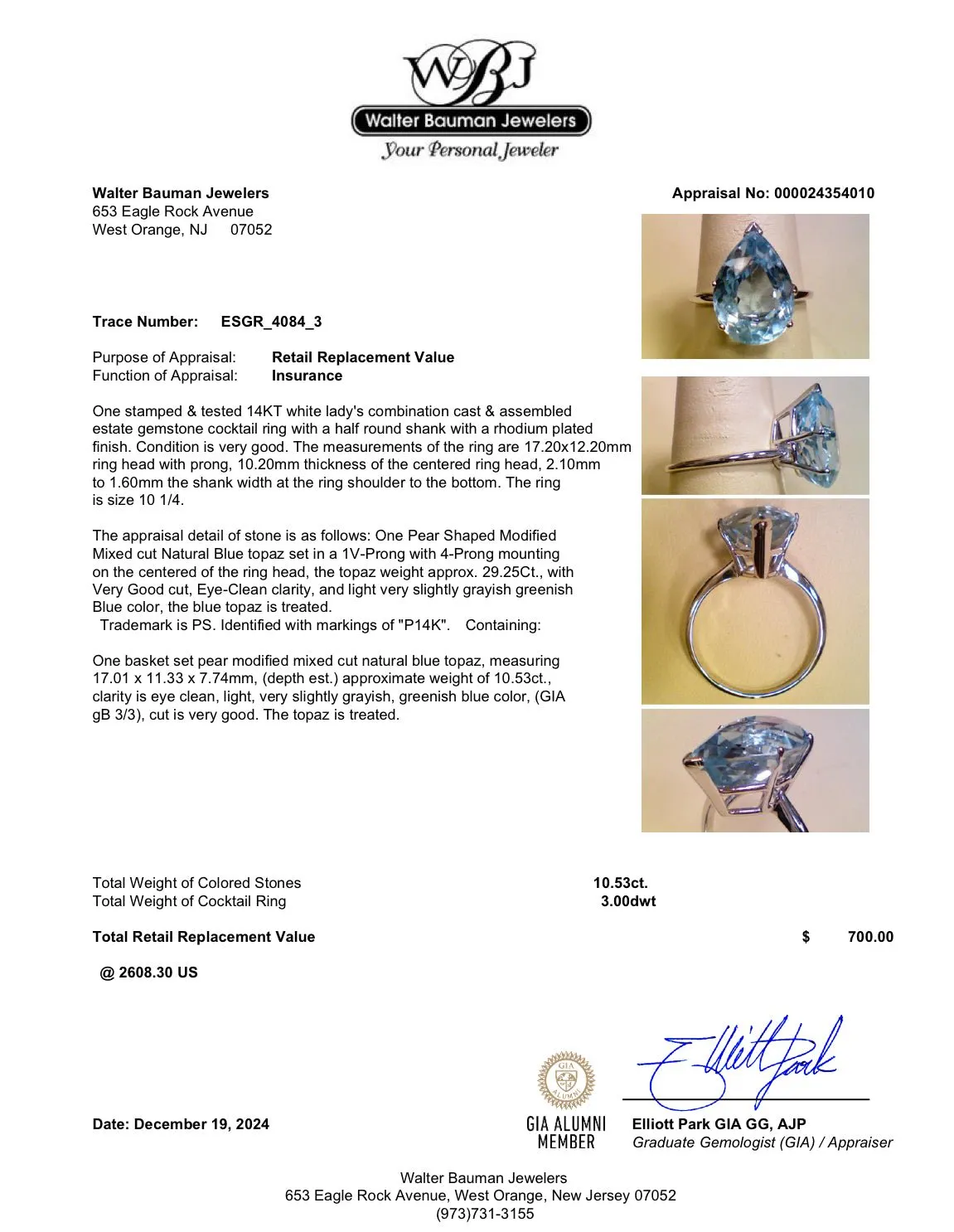 Estate 14K W Gold 10.53ct Blue Topaz Ring