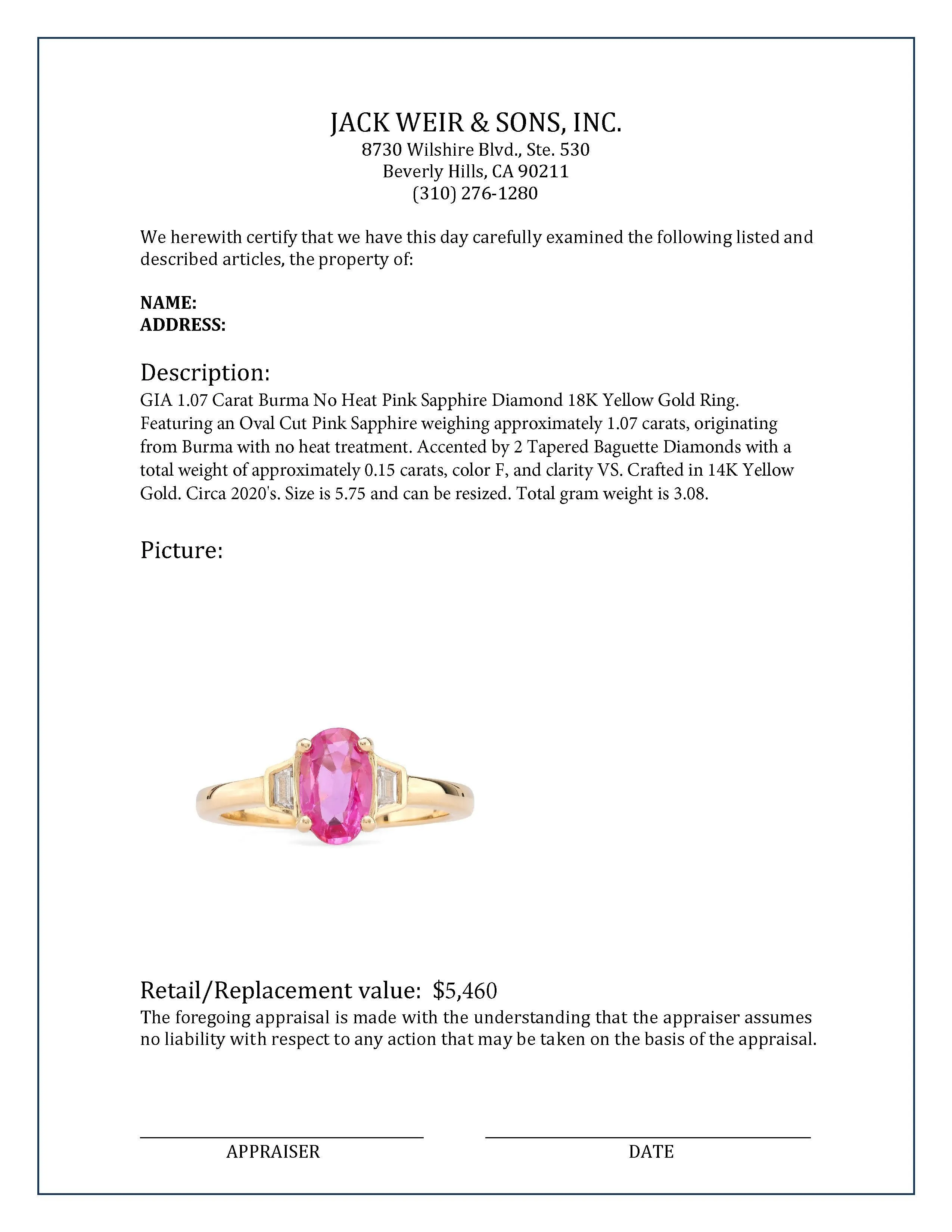 GIA 1.07 Carat Burma No Heat Pink Sapphire Diamond 18K Yellow Gold Ring