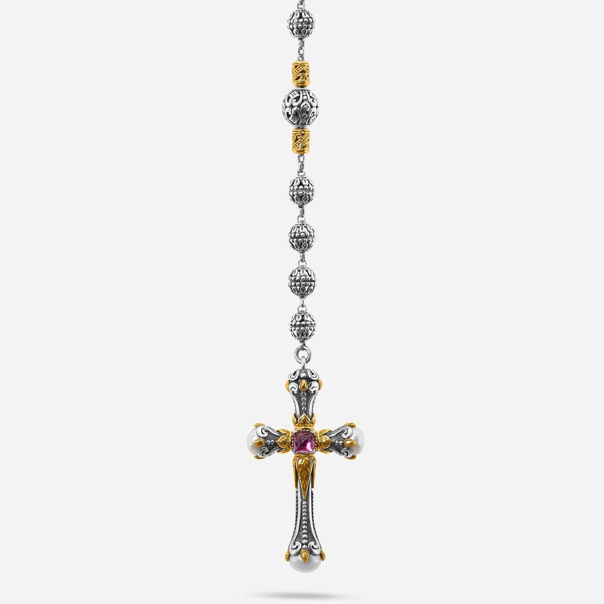 Konstantino Kleos Sterling Silver and 18K Yellow Gold, Pearl and Pink Sapphire Lariat Necklace KOMK4736-450-CUT