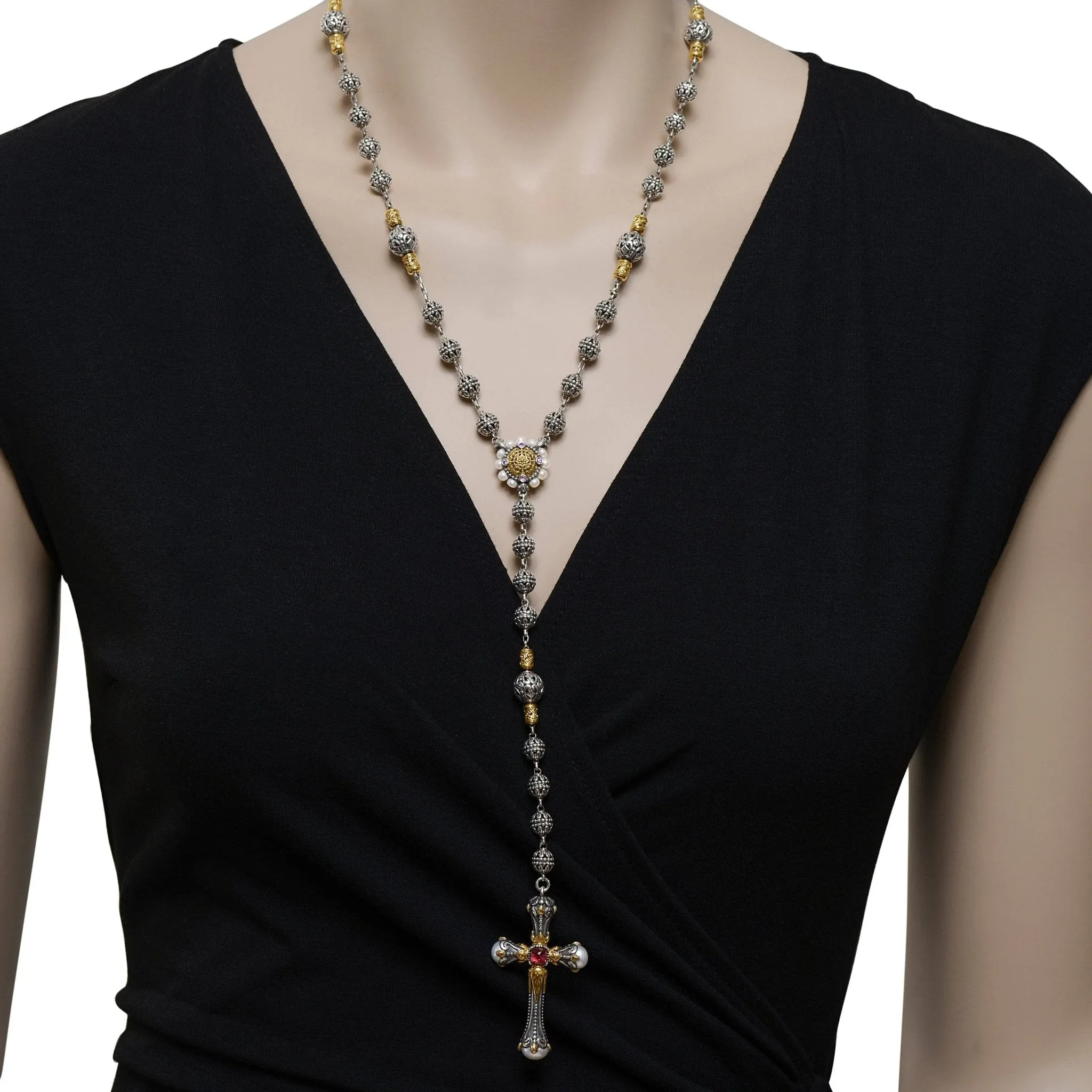 Konstantino Kleos Sterling Silver and 18K Yellow Gold, Pearl and Pink Sapphire Lariat Necklace KOMK4736-450-CUT