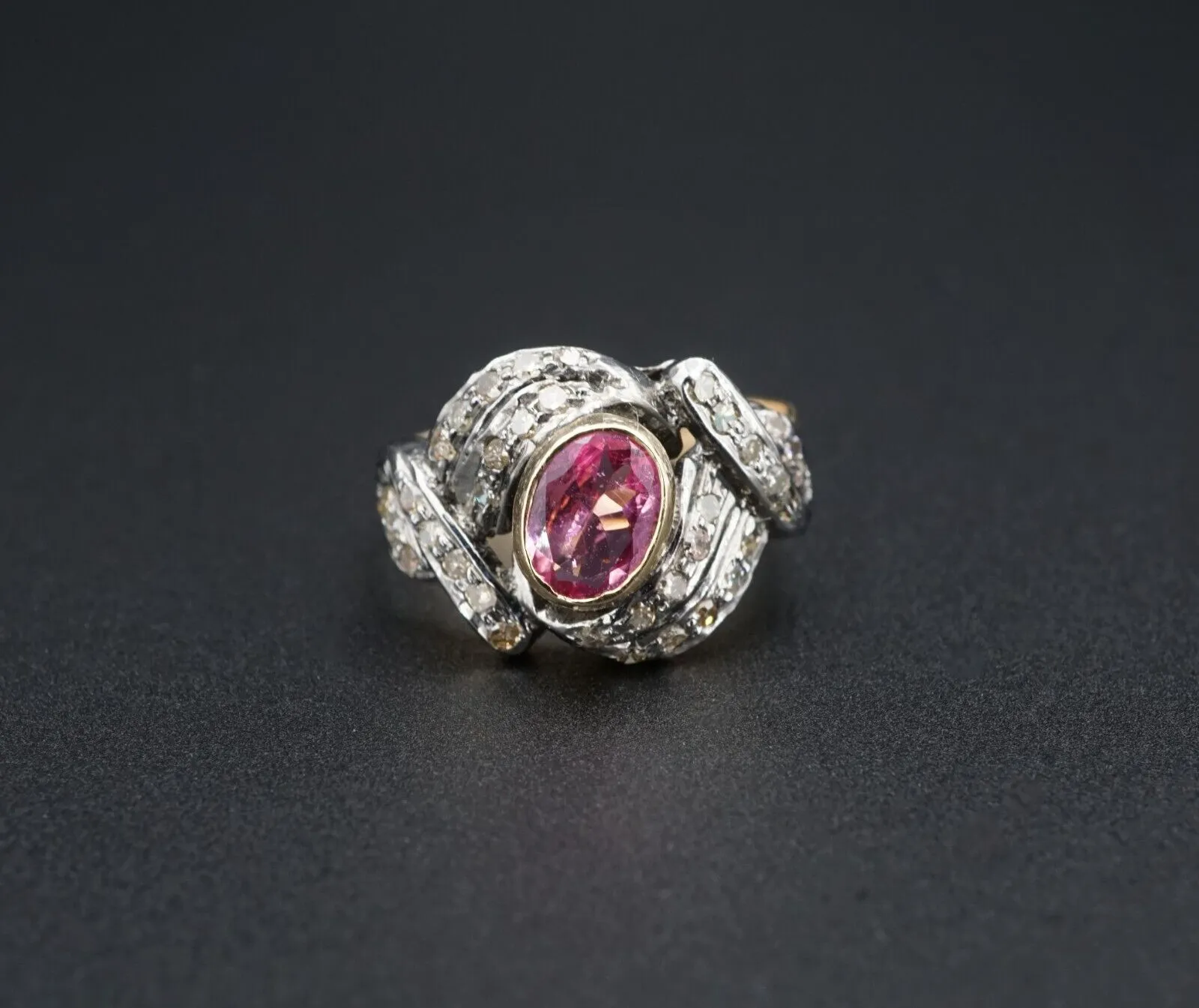 NWOT Sterling Silver 14k Gold Pink Sapphire Diamond Cocktail Ring Size 7 RS3266