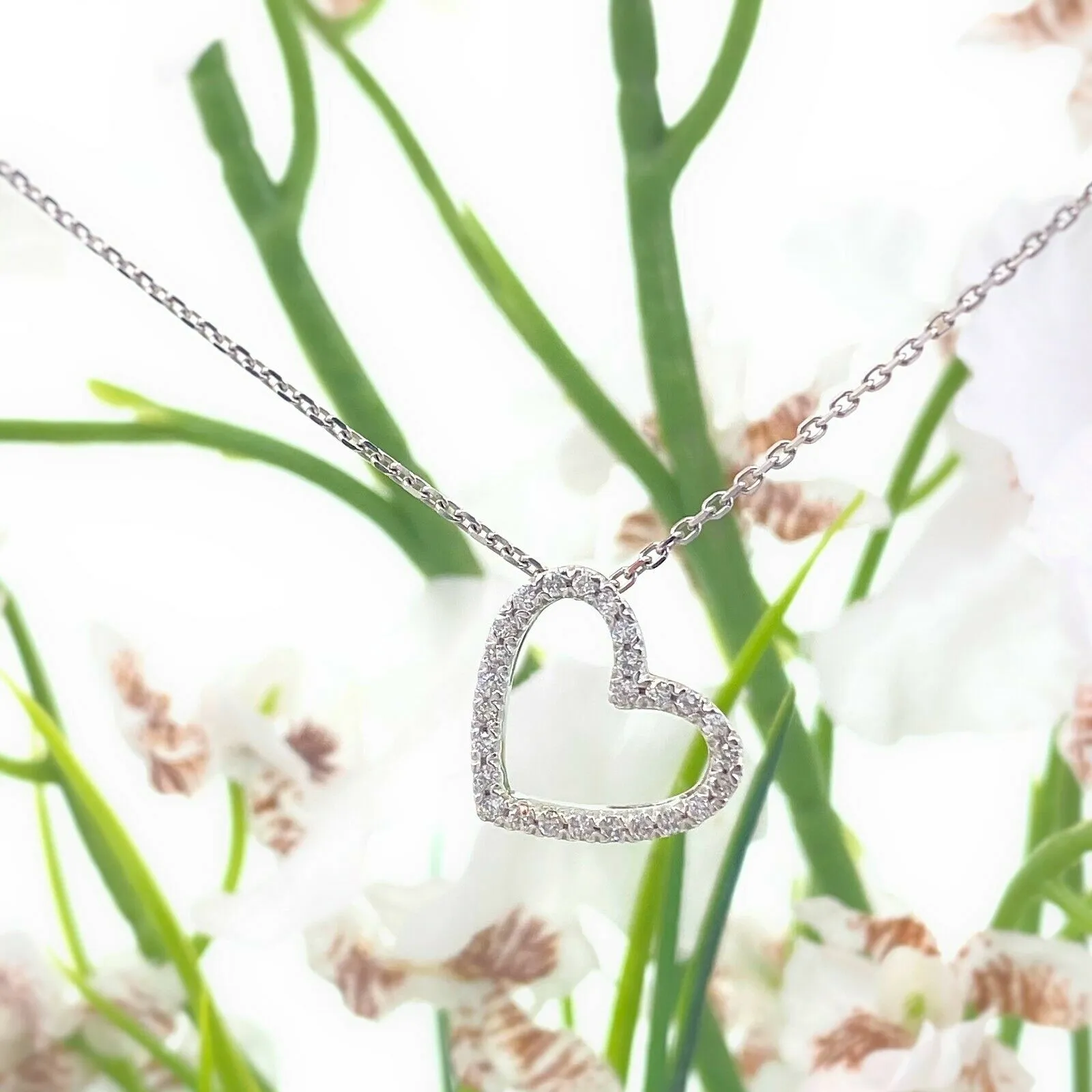 Open Heart Diamond Pendant 22'' Necklace 14K White Gold