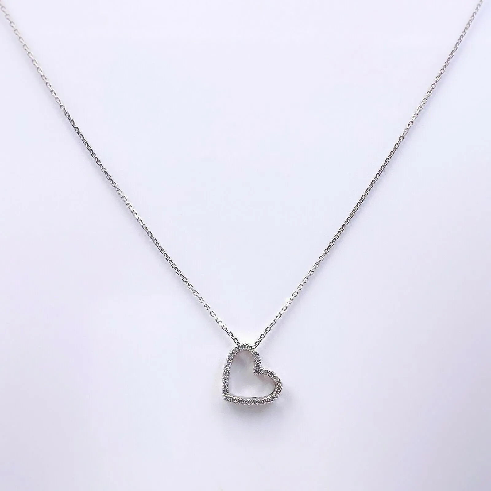 Open Heart Diamond Pendant 22'' Necklace 14K White Gold