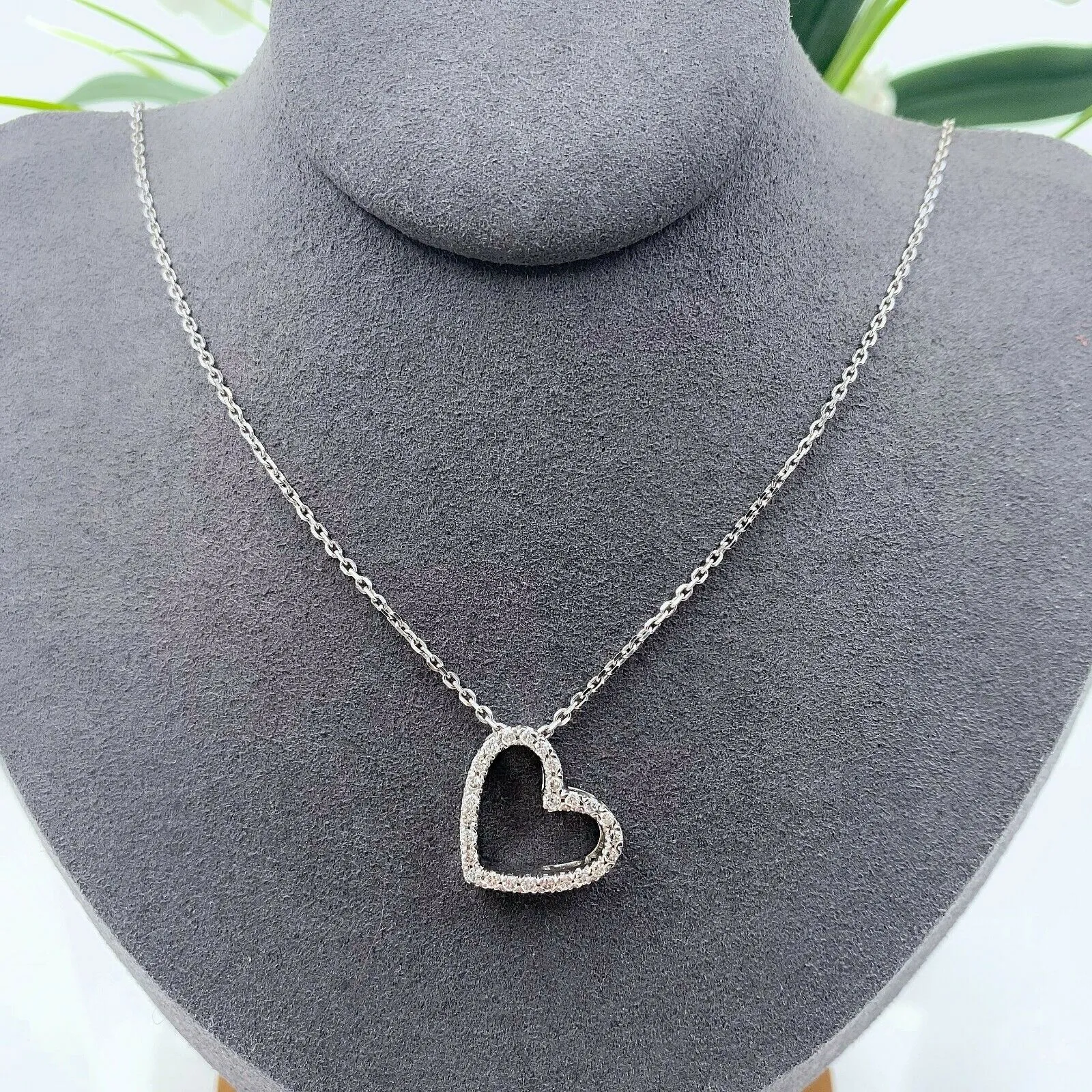 Open Heart Diamond Pendant 22'' Necklace 14K White Gold