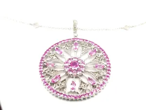 Pink Sapphire and Diamond Circle Pendant and Chain in 14k White Gold