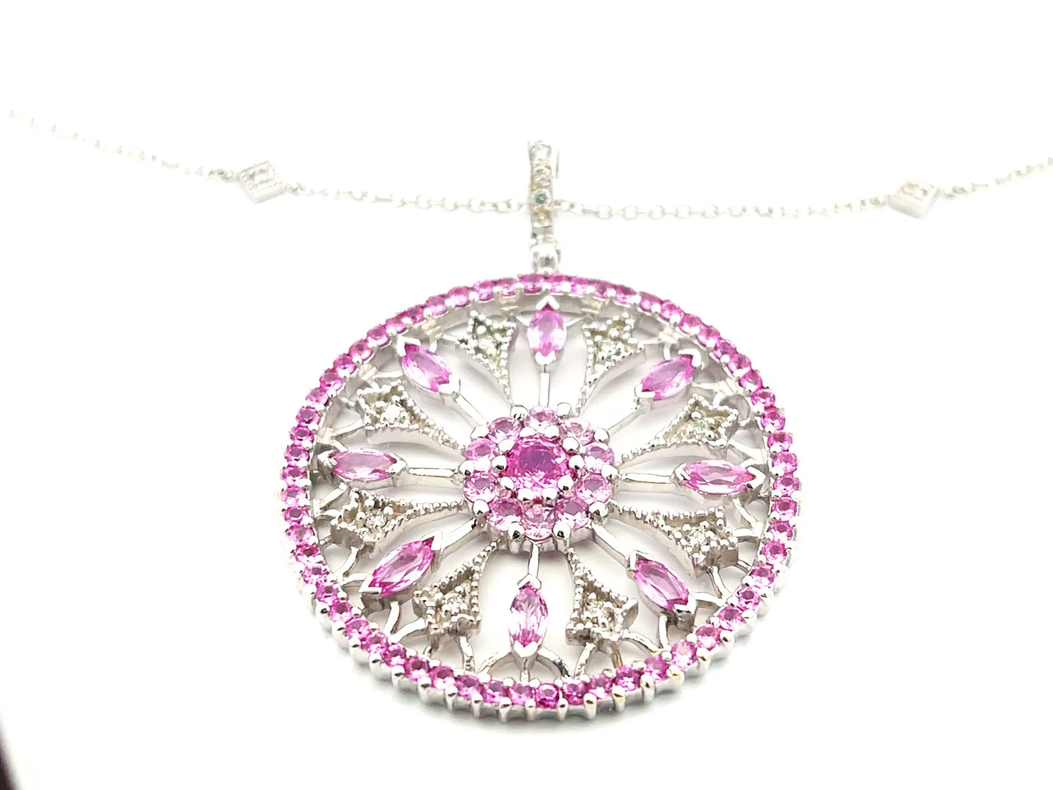 Pink Sapphire and Diamond Circle Pendant and Chain in 14k White Gold