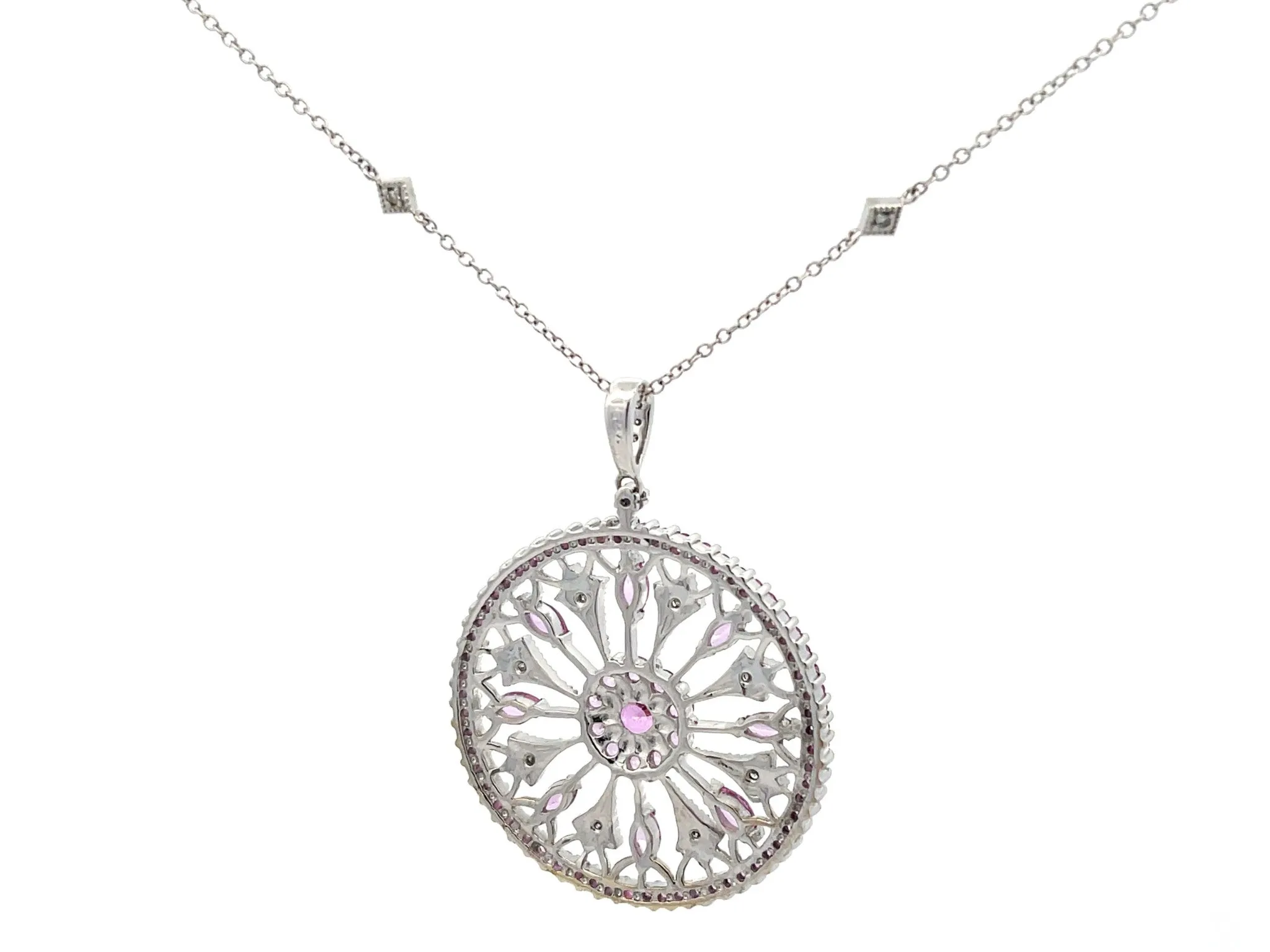 Pink Sapphire and Diamond Circle Pendant and Chain in 14k White Gold