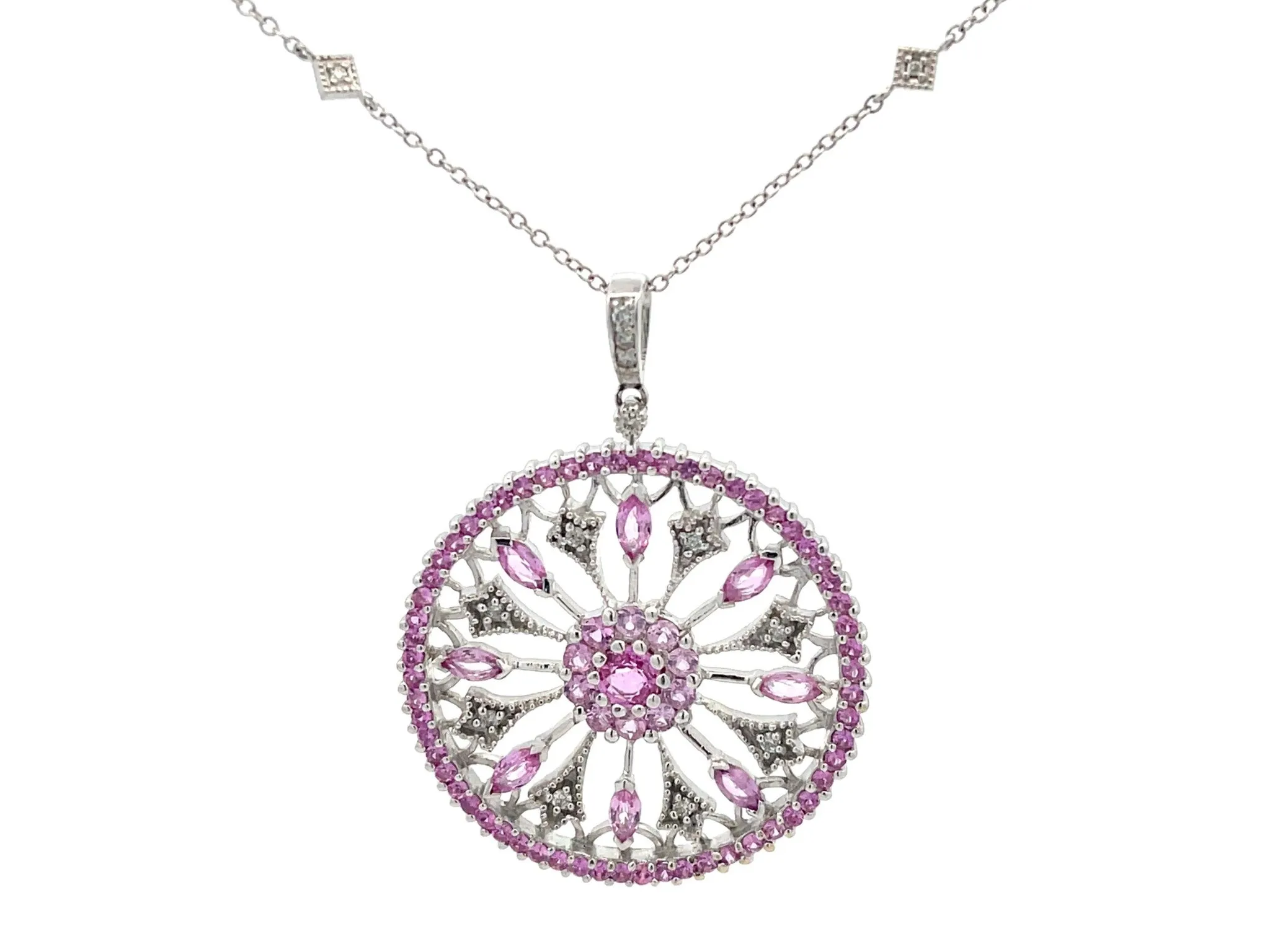 Pink Sapphire and Diamond Circle Pendant and Chain in 14k White Gold