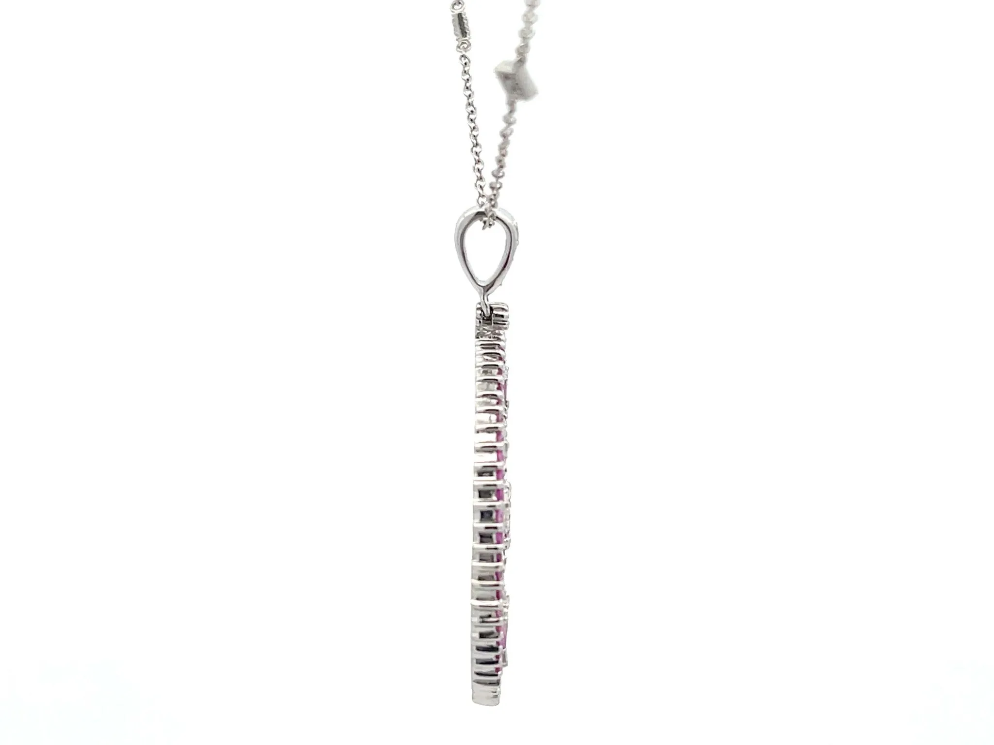 Pink Sapphire and Diamond Circle Pendant and Chain in 14k White Gold