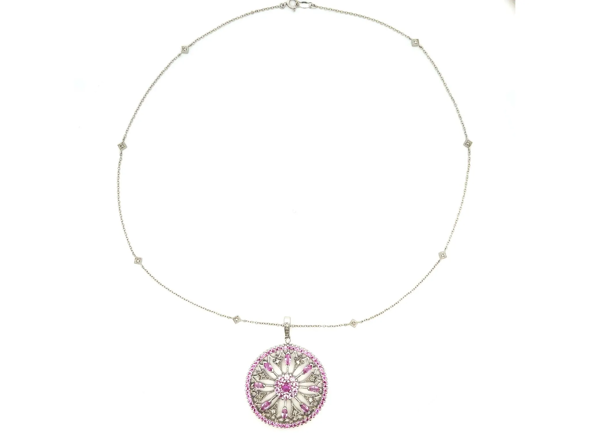 Pink Sapphire and Diamond Circle Pendant and Chain in 14k White Gold