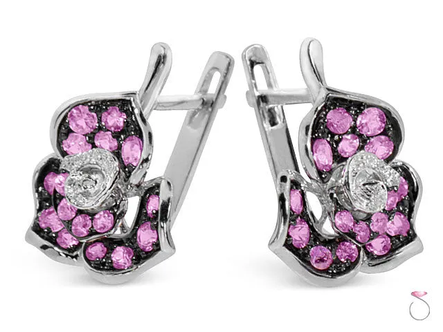 Pink Sapphire and Diamond Flower Earrings