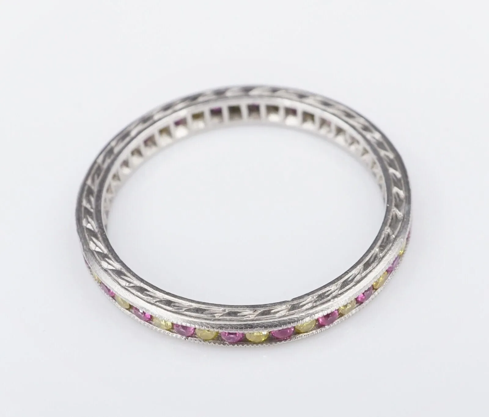 Platinum 1/2 ctw Yellow Diamond Pink Sapphire Eternity Band Stacker Ring RG2631