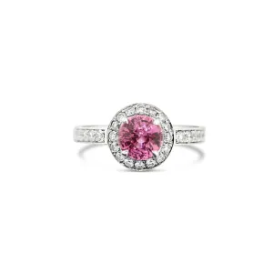 PLATINUM PINK SAPPHIRE AND DIAMOND HALO DESIGN RING