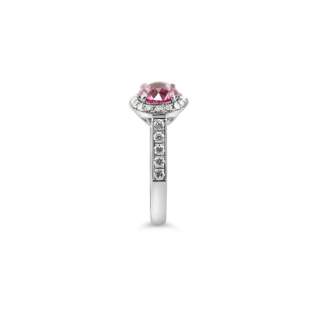PLATINUM PINK SAPPHIRE AND DIAMOND HALO DESIGN RING