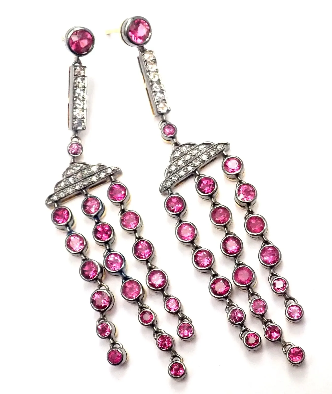 Rare! Authentic Laura Munder 18k Yellow Gold Diamond Pink Sapphire Earrings