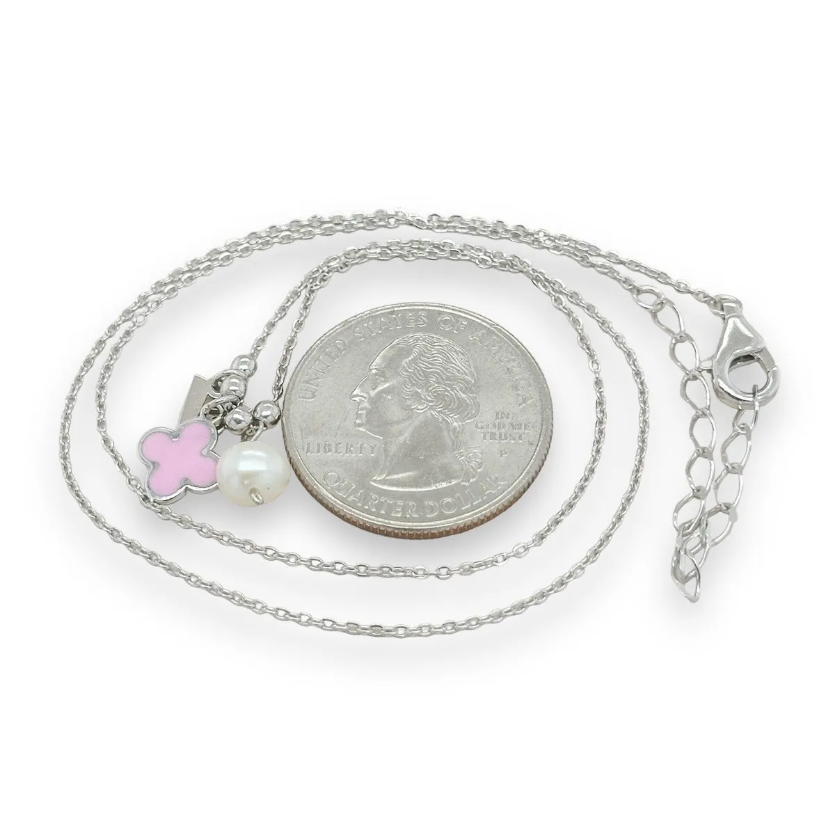 SS Pink Enamel Clover Initial Necklace with Pearl