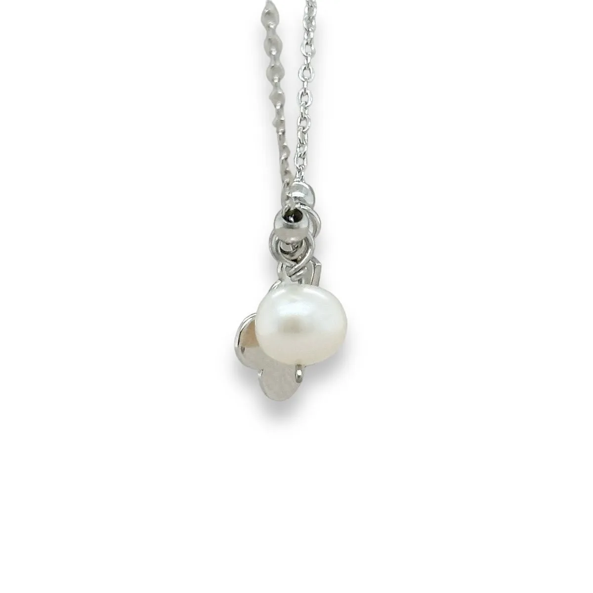 SS Pink Enamel Clover Initial Necklace with Pearl