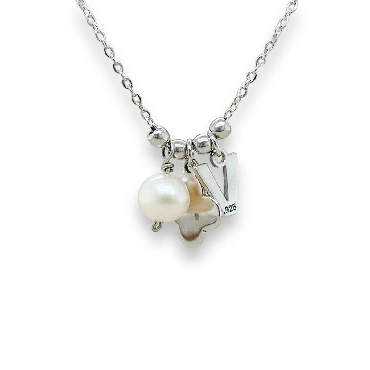 SS Pink Enamel Clover Initial Necklace with Pearl
