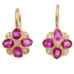 Victorian pink sapphire diamond 18k yellow gold earrings
