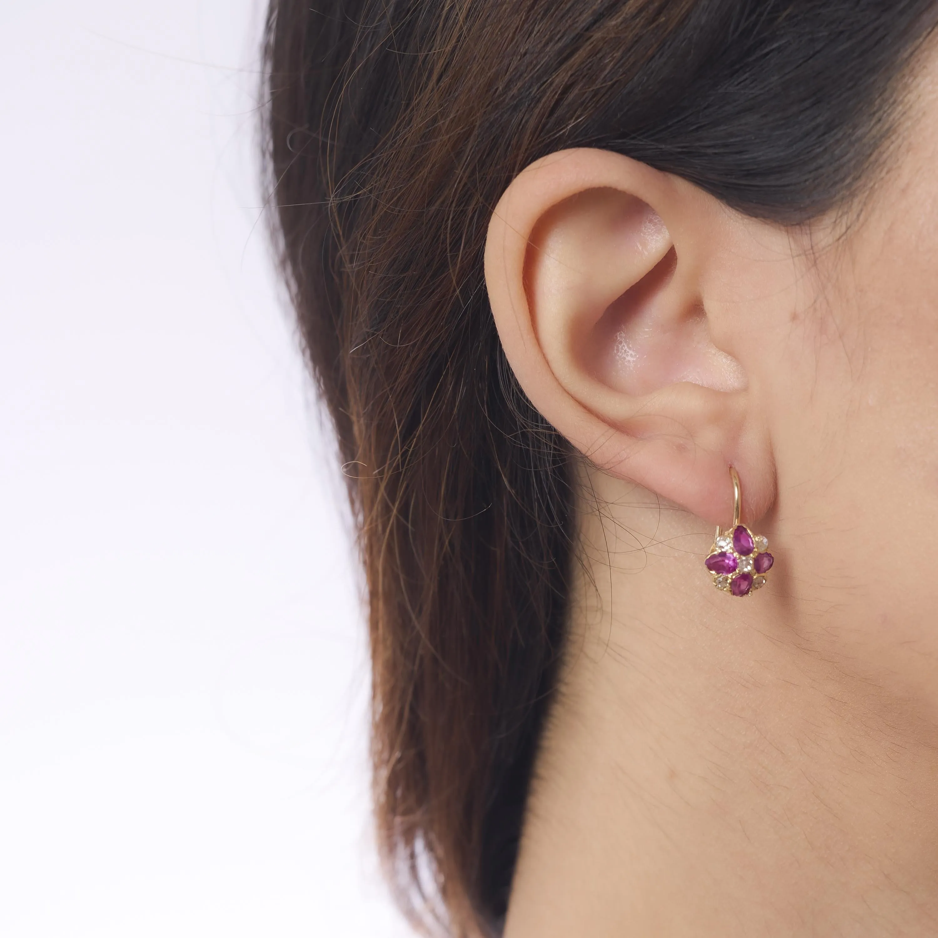 Victorian pink sapphire diamond 18k yellow gold earrings