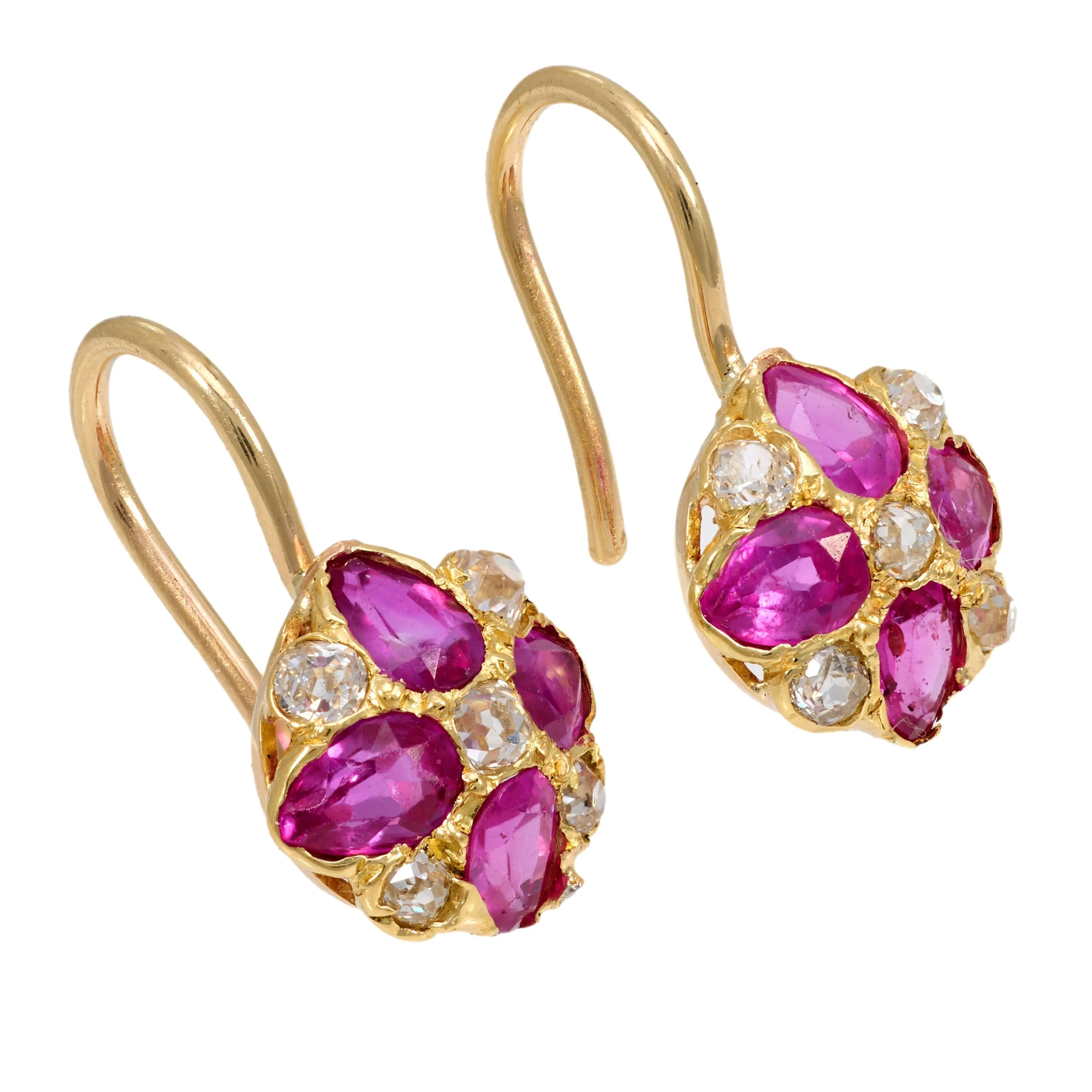 Victorian pink sapphire diamond 18k yellow gold earrings