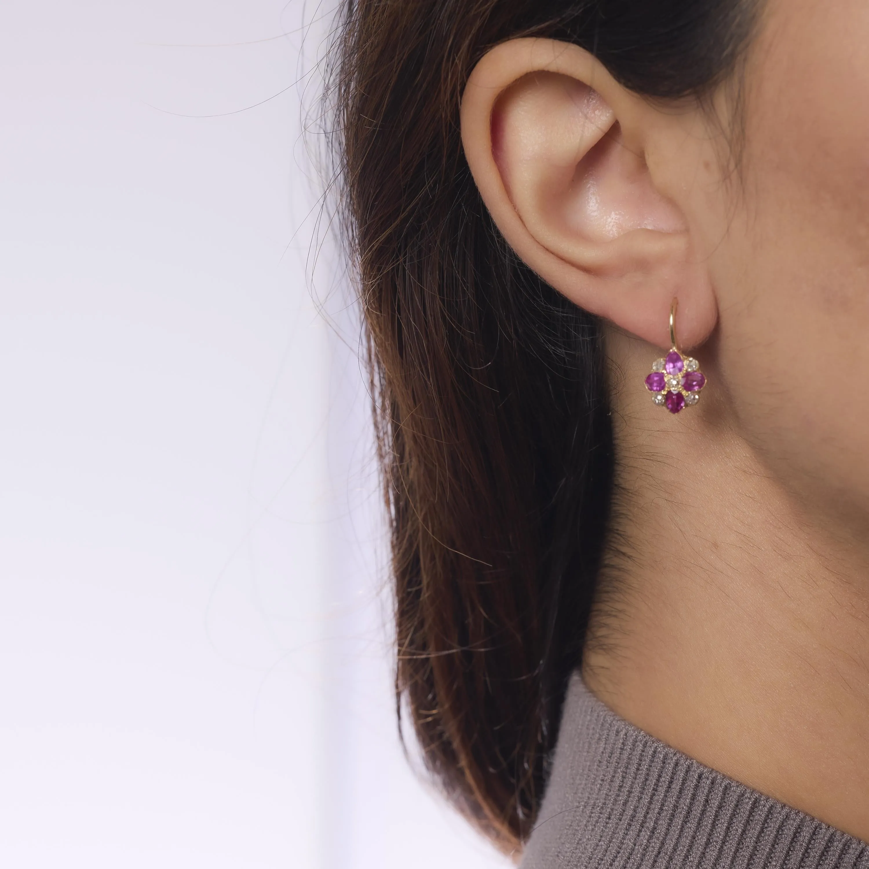 Victorian pink sapphire diamond 18k yellow gold earrings