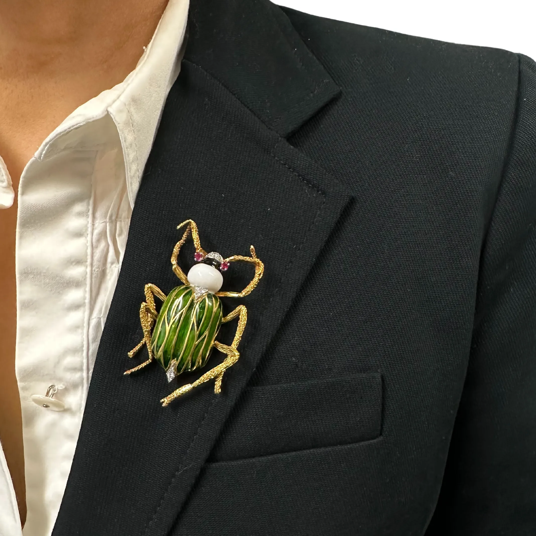 Vintage "Spitzer & Fuhrman"  Diamond, Pink Sapphire, and Enamel 18k Gold Beetle Bug Brooch 'France'